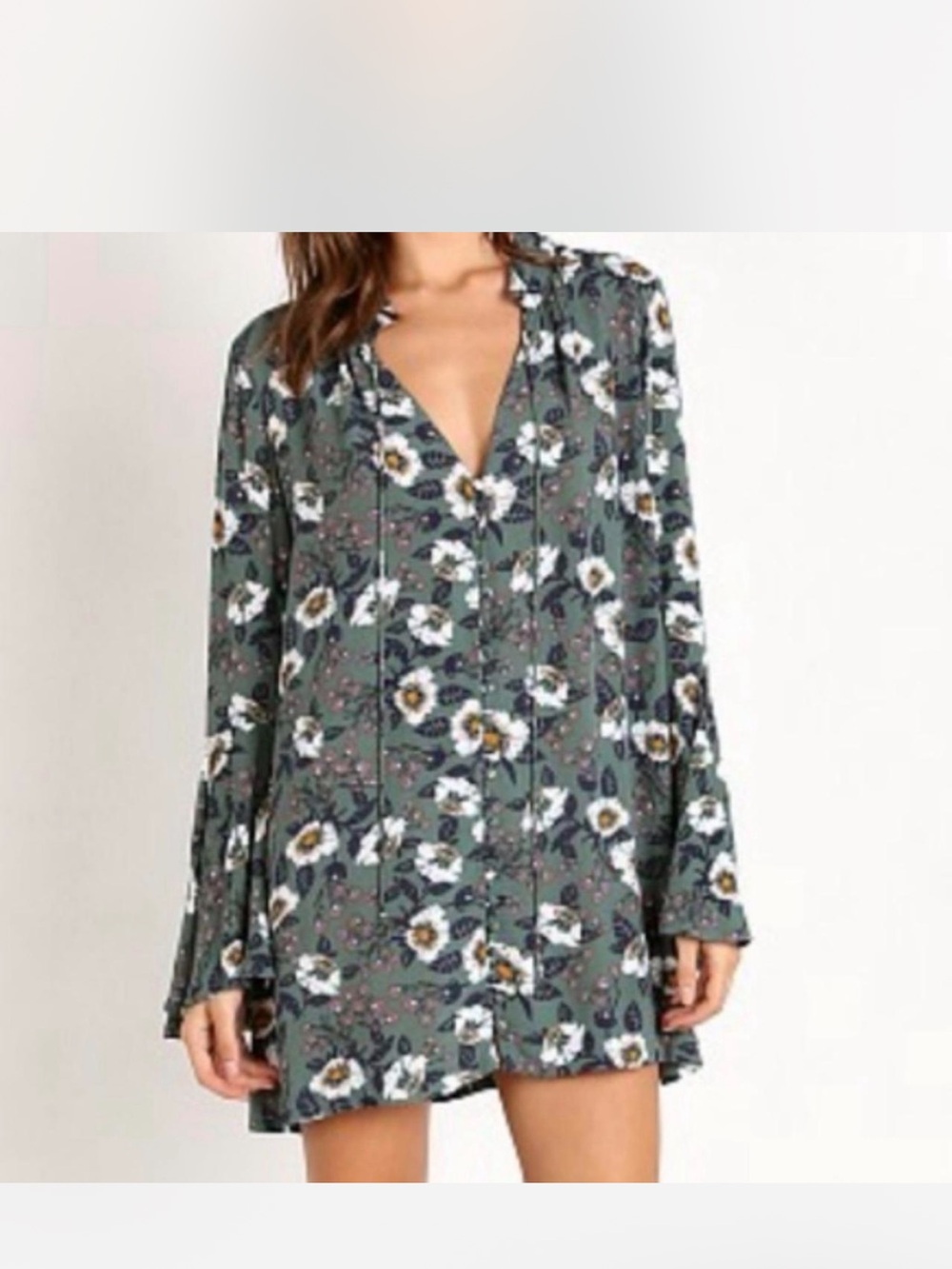 Free People Olive Green Floral V-Neck Long Sleeve Mini Dress